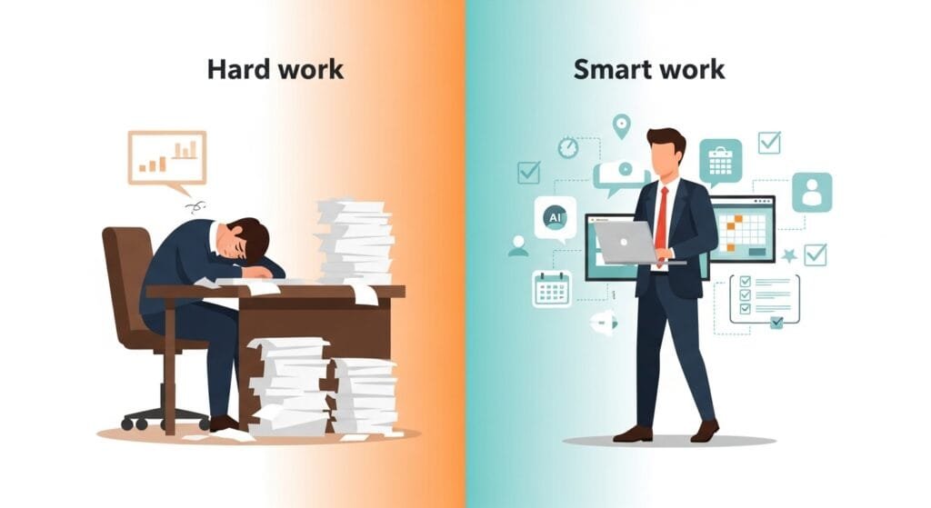 Split comparison of hard work exhaustion versus smart work efficiency with modern productivity tools