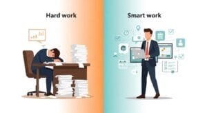 Split comparison of hard work exhaustion versus smart work efficiency with modern productivity tools