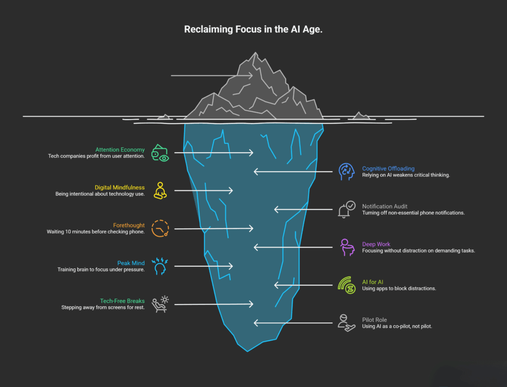 Iceberg infographic explaining how to reclaim focus in the AI age, showing concepts like attention economy, digital mindfulness, forethought, deep work, and reducing AI-based distractions.