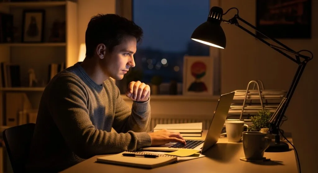 A person engaging in deep work at a desk with warm lighting, illustrating the concept of focused attention in a distracting world.