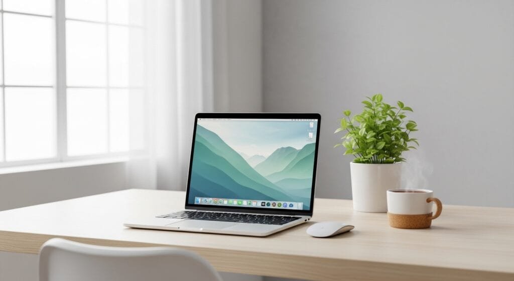 A clean, minimalist workspace with a laptop and a green plant, symbolizing digital mindfulness and organized focus.