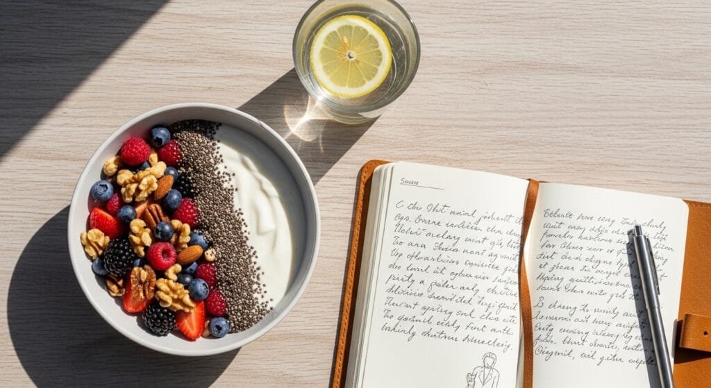 A healthy breakfast bowl and an open handwritten journal on a clean table, showing productive morning activities without technology.