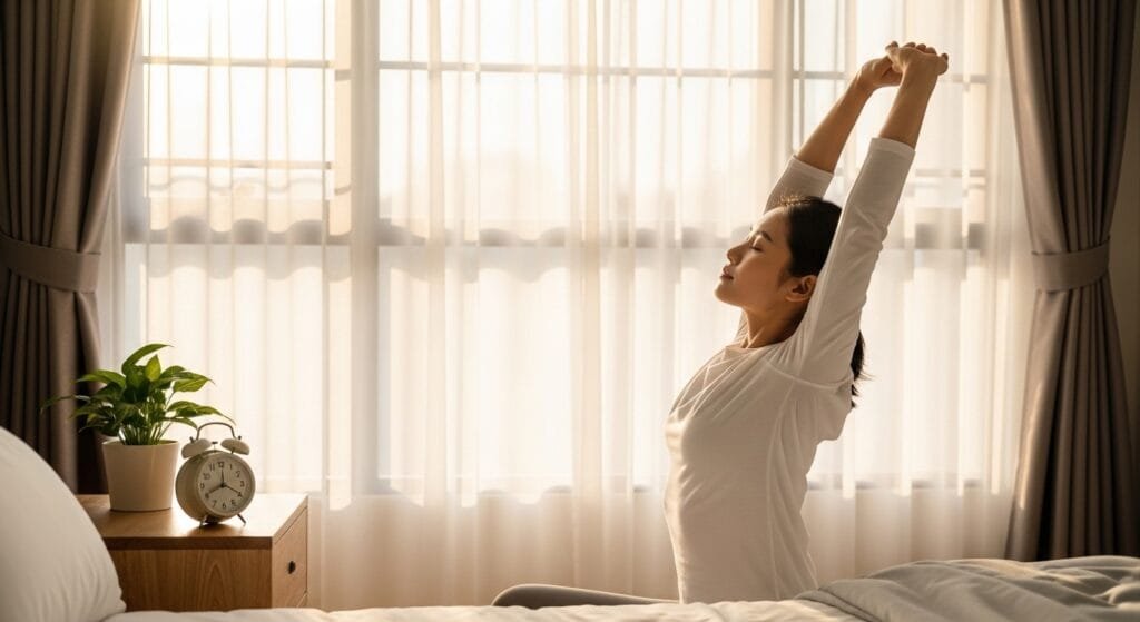 A woman stretching in front of a bright window during a screen-free morning routine, with an analog alarm clock on the side.