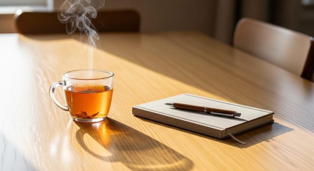 A peaceful morning scene with a steaming cup of tea and a notebook on a sunlit wooden table, representing a screen-free start to the day.